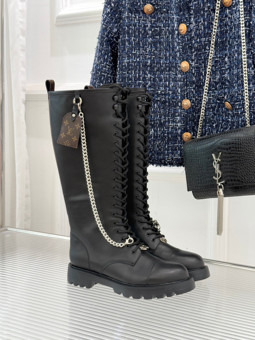 LV Combat Boots - Black Leather Lace-Up Knee High