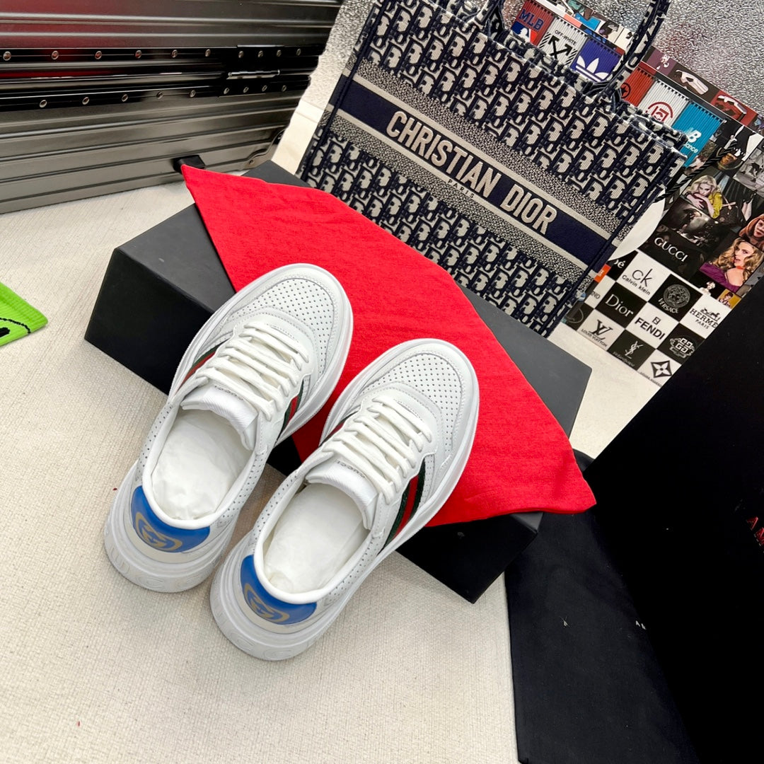 Gucci White Platform Sneakers with Web Stripe and Blue GG Logo