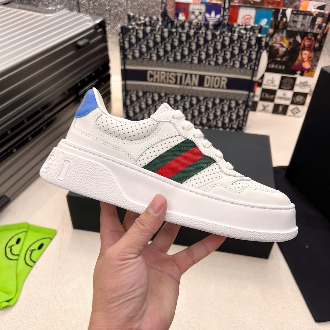 Gucci White Platform Sneakers with Web Stripe and Blue GG Logo