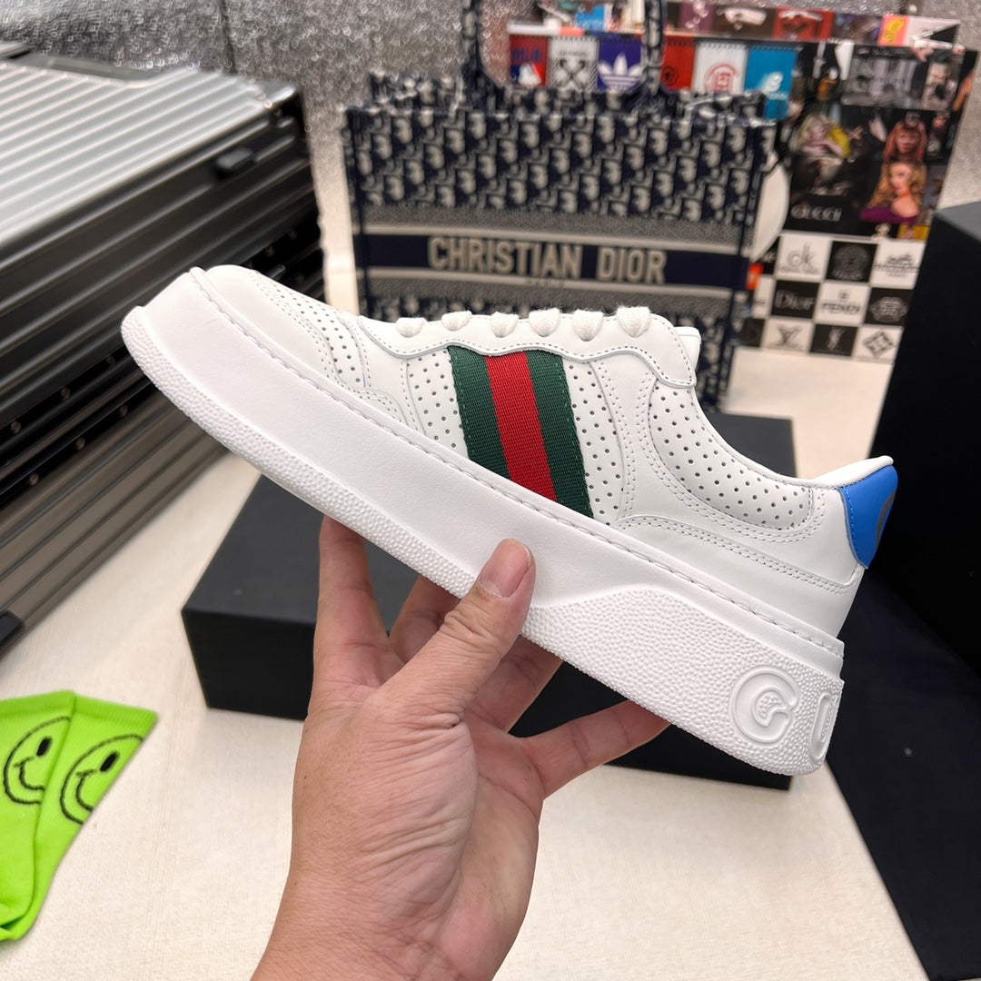 Gucci White Platform Sneakers with Web Stripe and Blue GG Logo