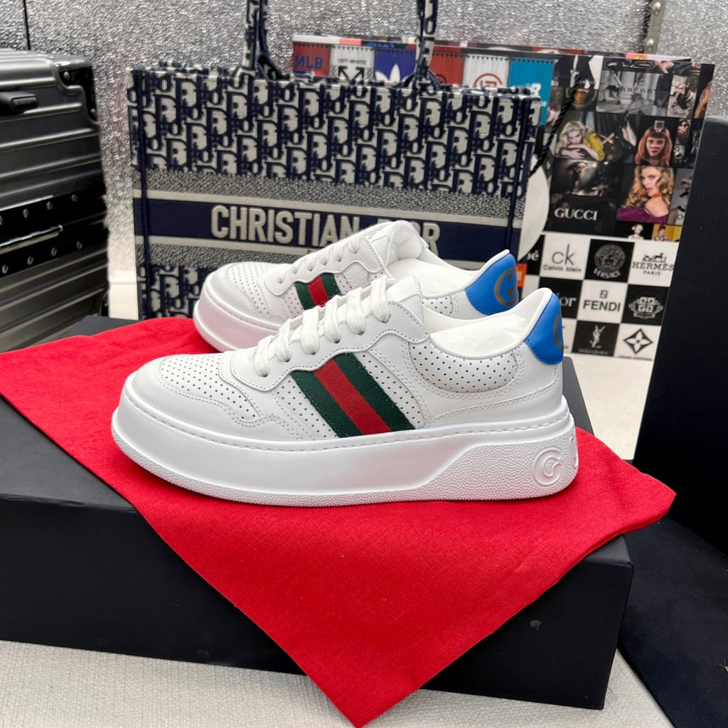 Gucci White Platform Sneakers with Web Stripe and Blue GG Logo