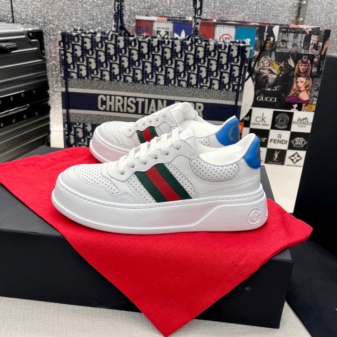Gucci White Platform Sneakers with Web Stripe and Blue GG Logo