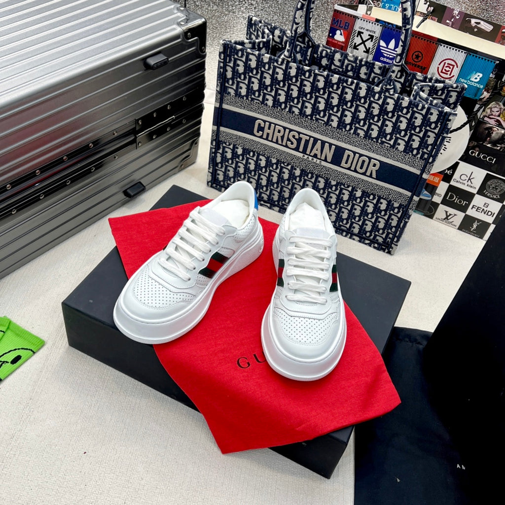 Gucci White Platform Sneakers with Web Stripe and Blue GG Logo