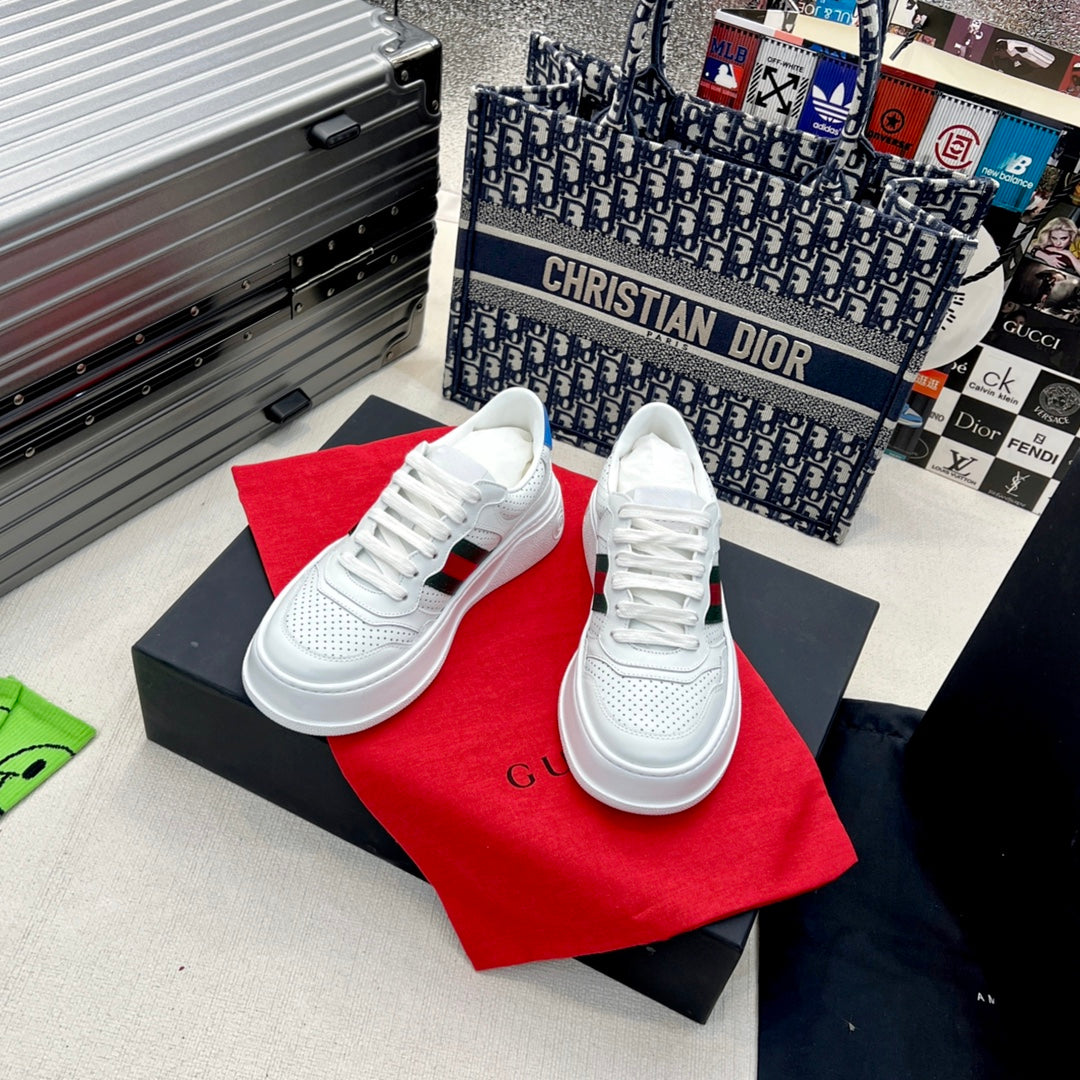 Gucci White Platform Sneakers with Web Stripe and Blue GG Logo