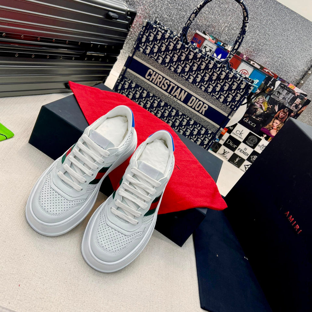 Gucci White Platform Sneakers with Web Stripe and Blue GG Logo