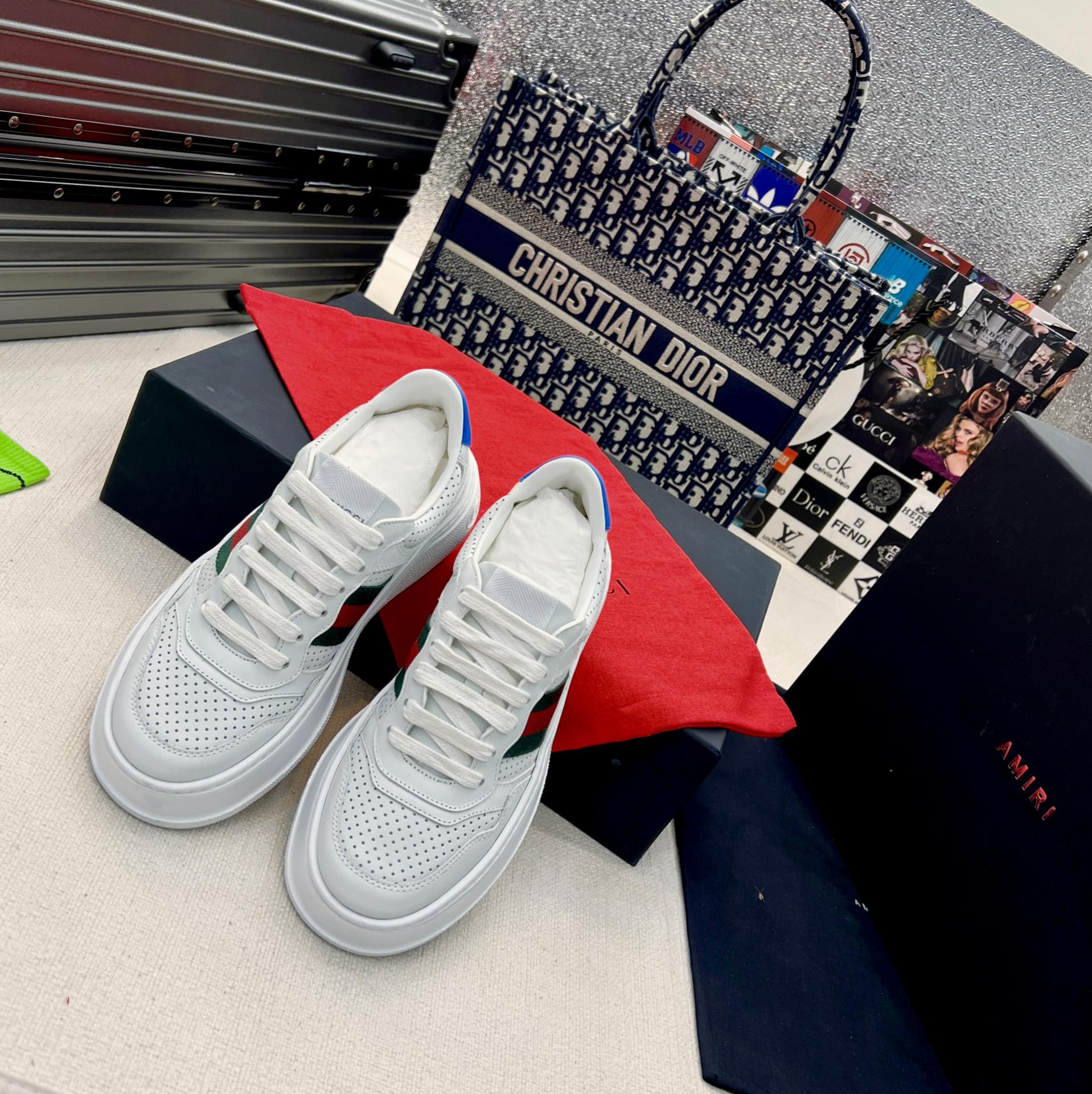 Gucci White Platform Sneakers with Web Stripe and Blue GG Logo
