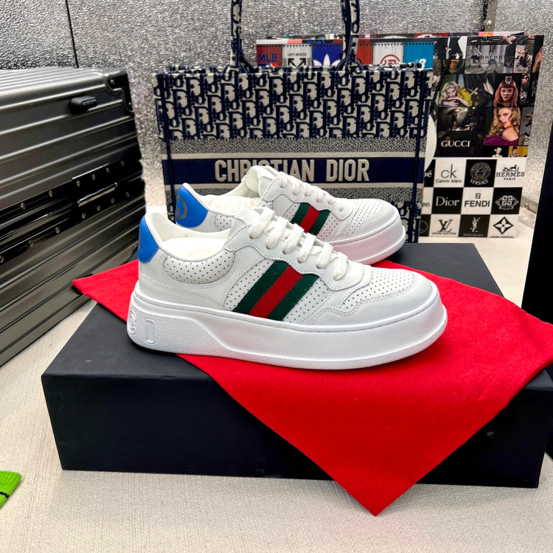 Gucci White Platform Sneakers with Web Stripe and Blue GG Logo