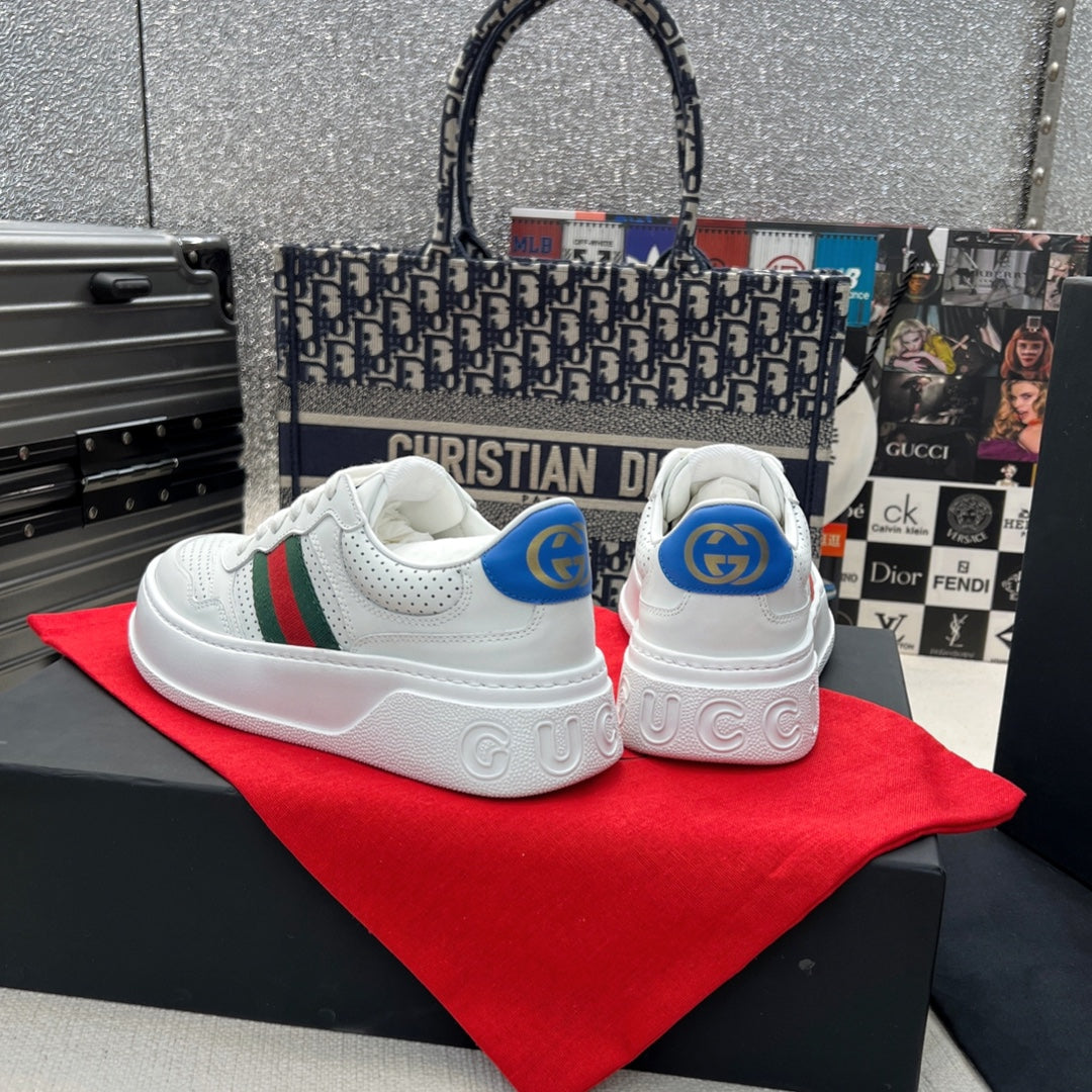 Gucci White Platform Sneakers with Web Stripe and Blue GG Logo