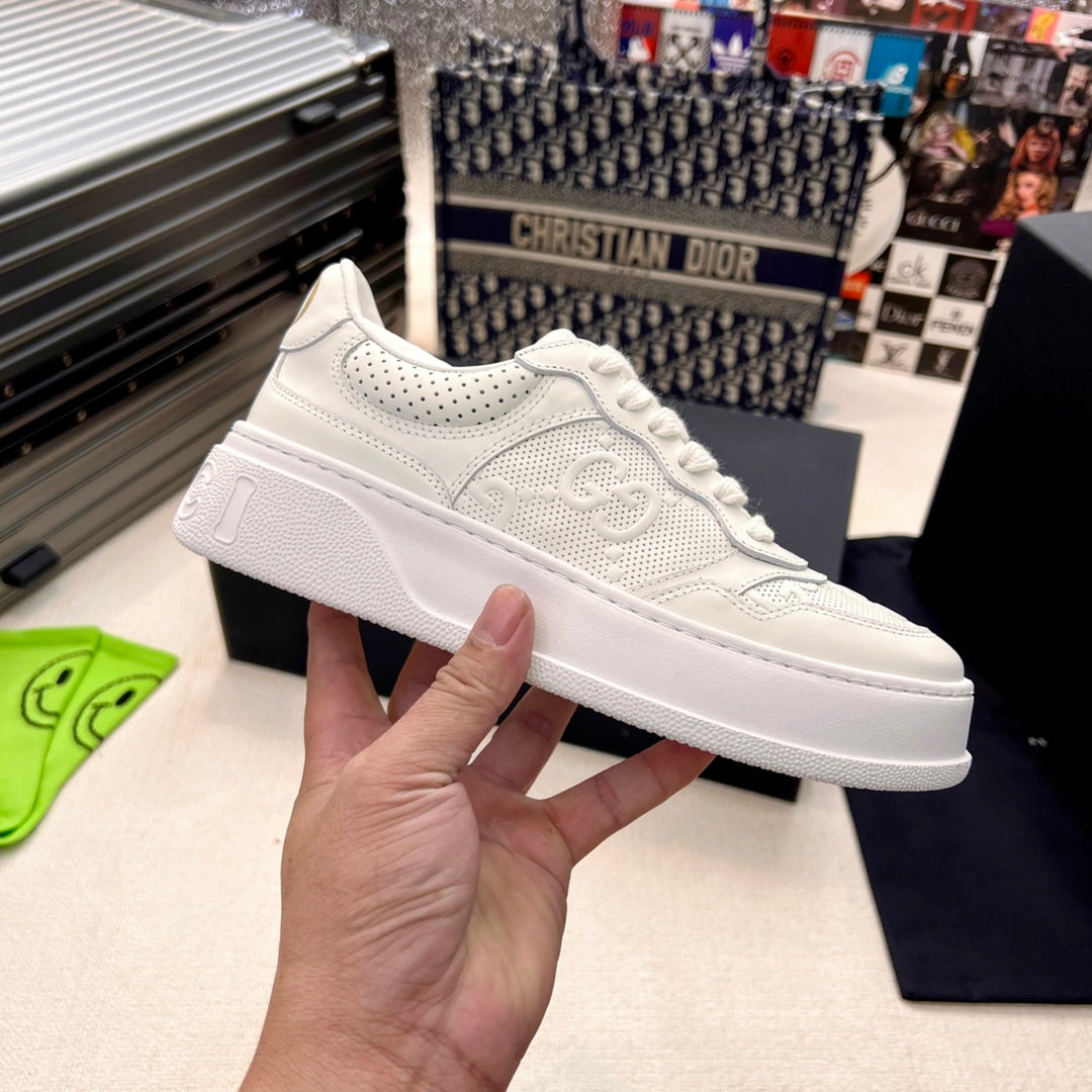 Gucci White Platform Sneakers with Web Stripe and Blue GG Logo