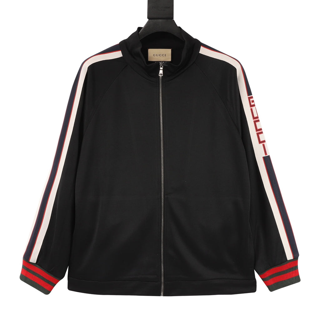 Gucci “GUCCI” Block Letter Jacquard Tape Zip-Up Track Jacket — Black