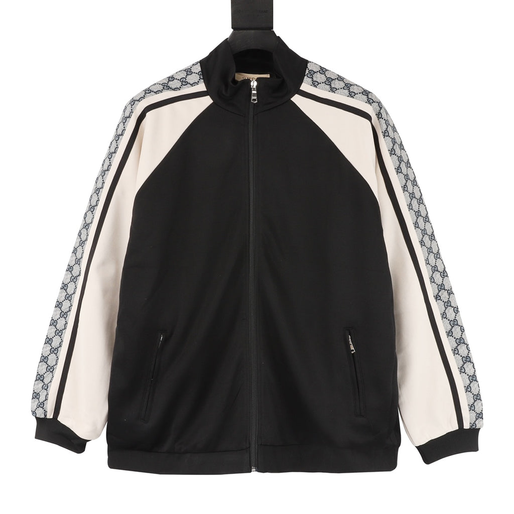 Gucci GG Jacquard Tape Raglan Zip-Up Sweatshirt — Black/Cream