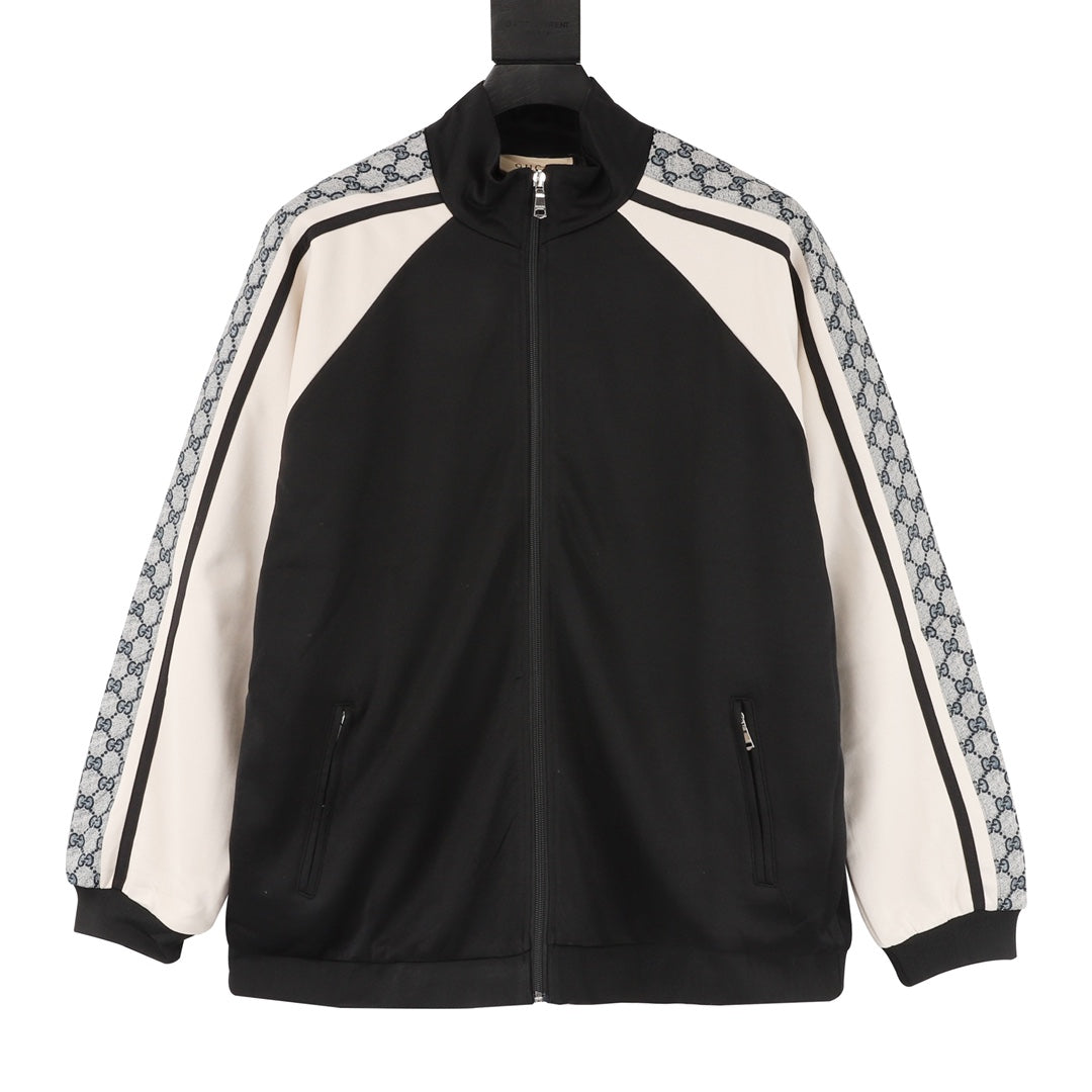 Gucci GG Jacquard Tape Raglan Zip-Up Sweatshirt — Black/Cream