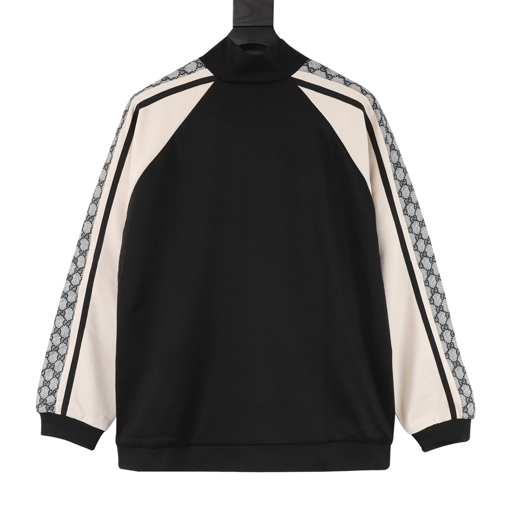 Gucci GG Jacquard Tape Raglan Zip-Up Sweatshirt — Black/Cream