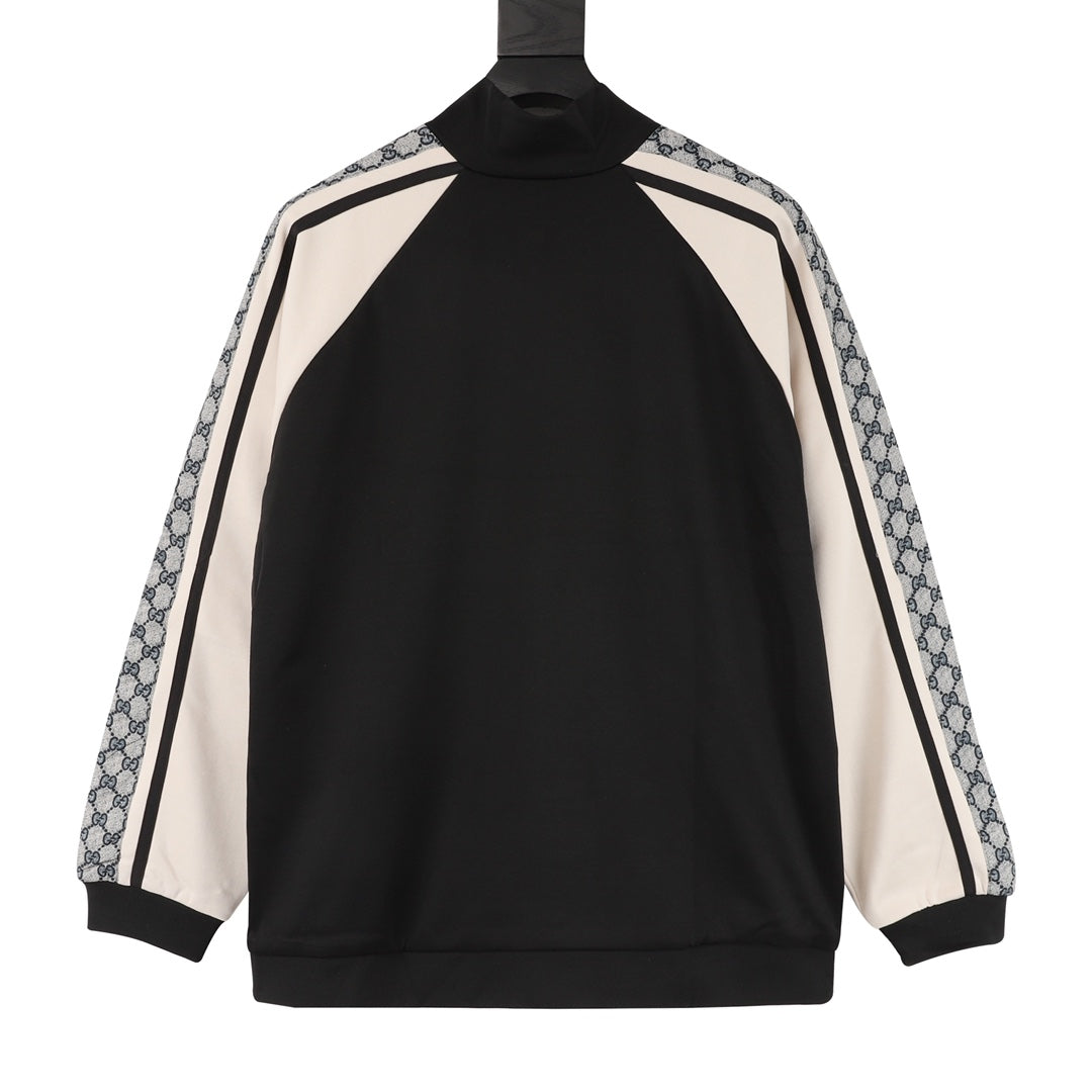 Gucci GG Jacquard Tape Raglan Zip-Up Sweatshirt — Black/Cream