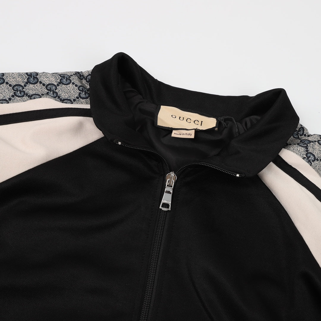 Gucci GG Jacquard Tape Raglan Zip-Up Sweatshirt — Black/Cream