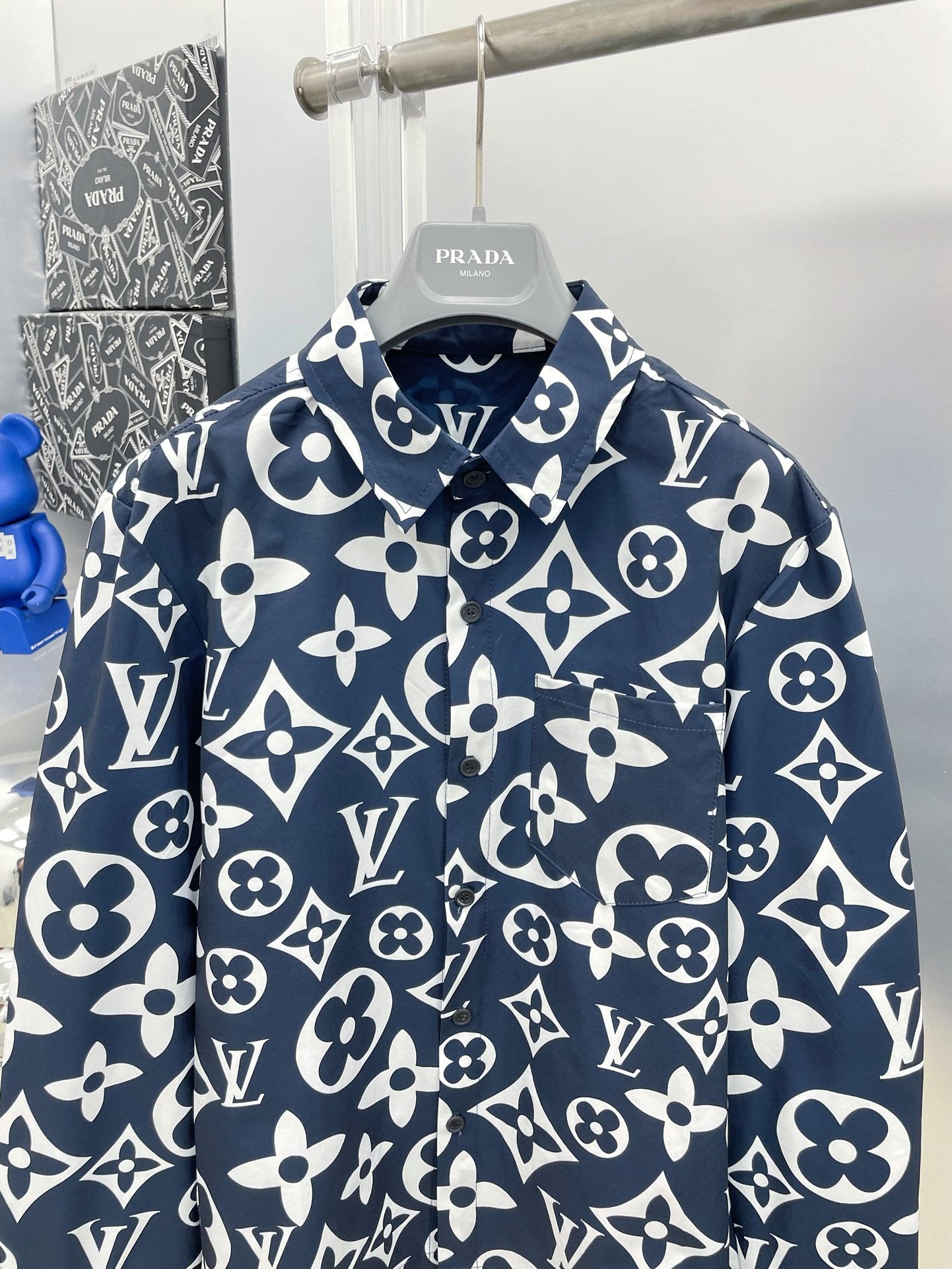 Louis Vuitton 2026 SS LV Monogram Giant All-Over Print Long-Sleeve Shirt — Navy