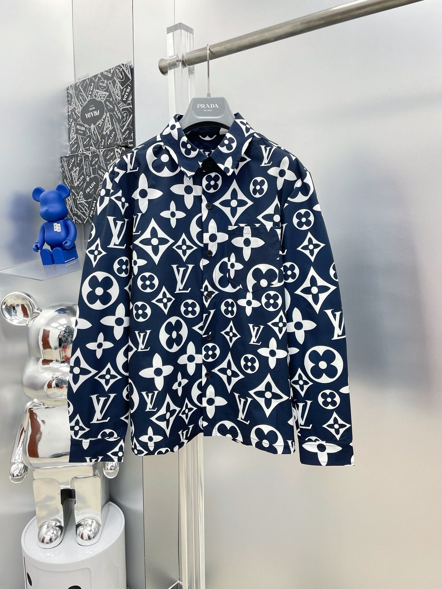 Louis Vuitton 2026 SS LV Monogram Giant All-Over Print Long-Sleeve Shirt — Navy