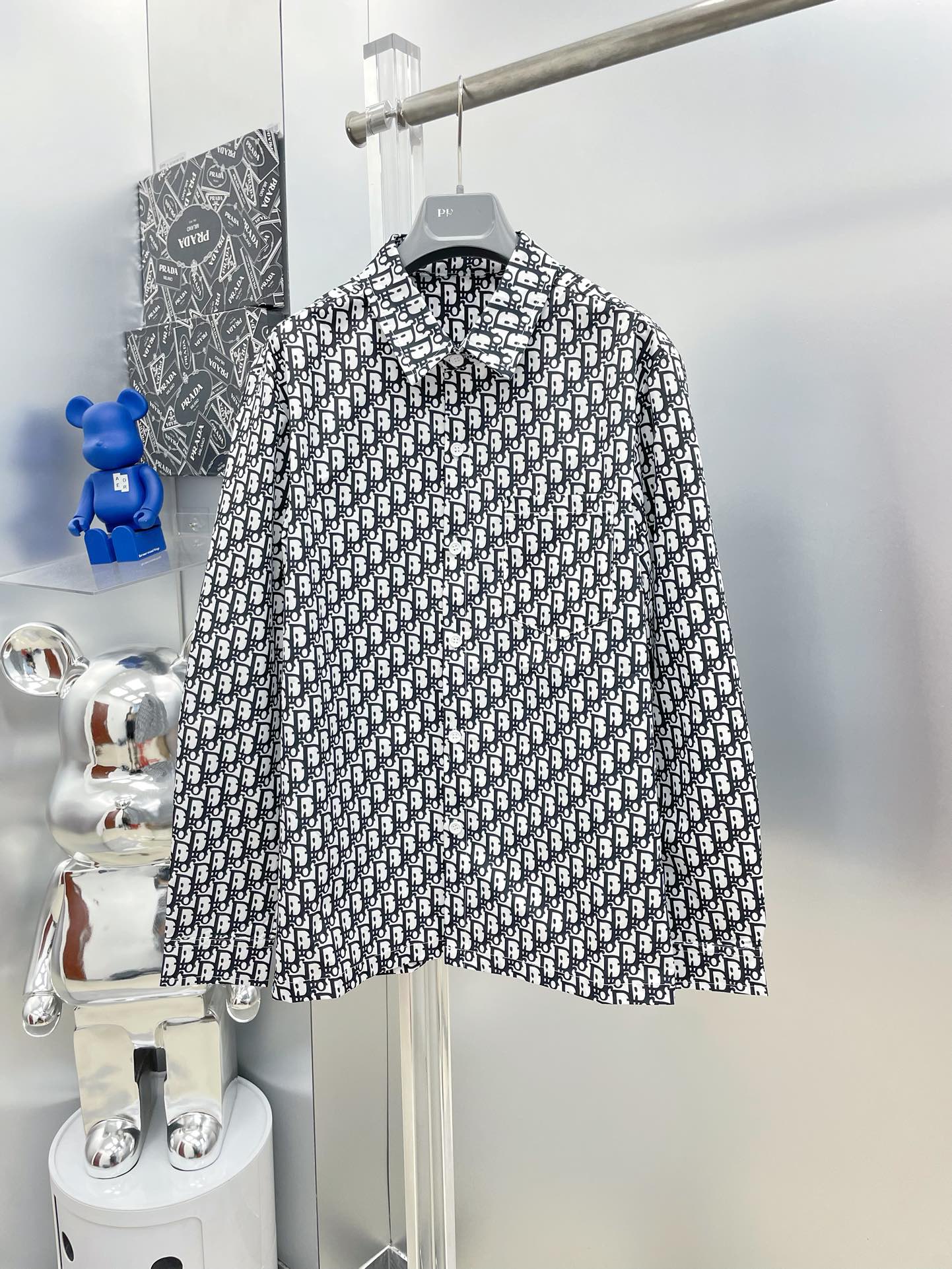 Dior 2026 SS Oblique All-Over Print Long-Sleeve Shirt — White