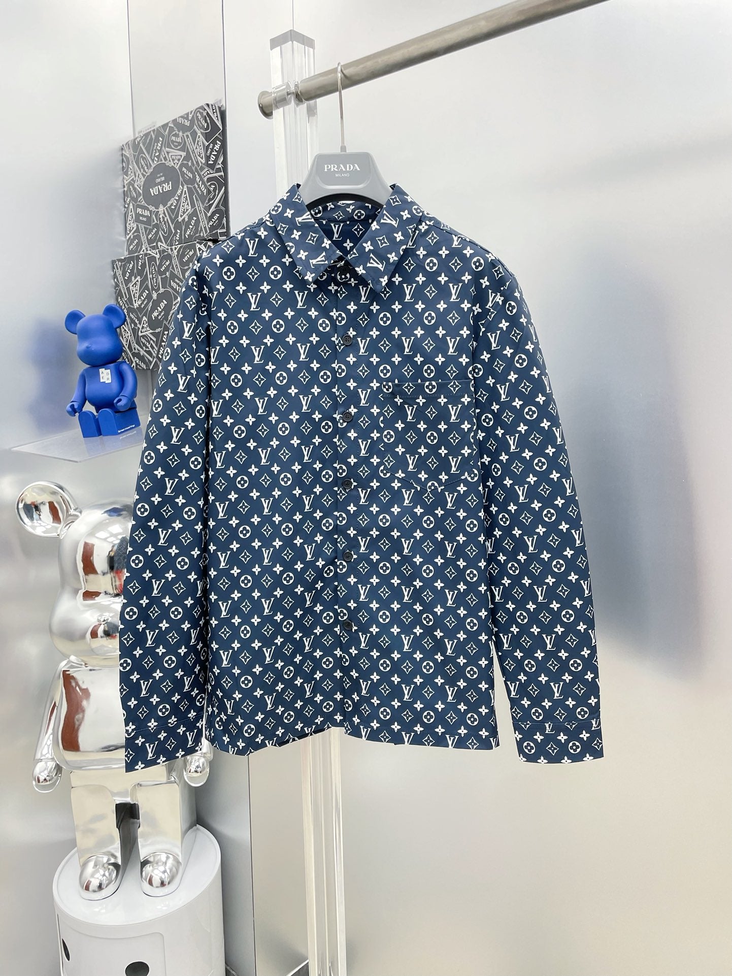 Louis Vuitton 2026 SS LV Monogram All-Over Print Long-Sleeve Shirt — Dark Navy