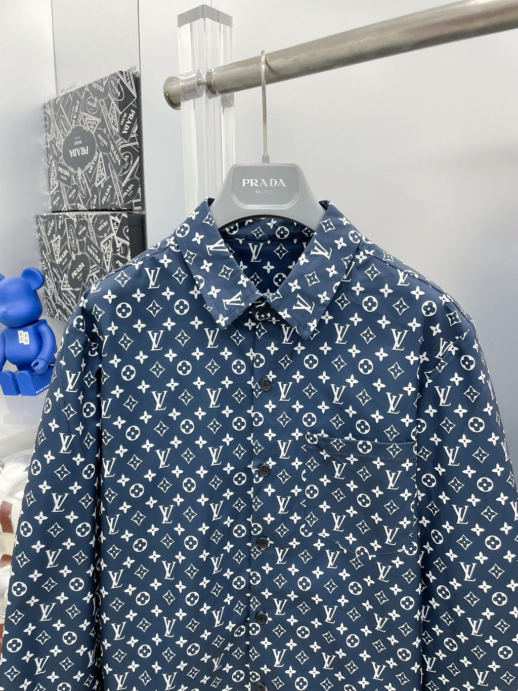 Louis Vuitton 2026 SS LV Monogram All-Over Print Long-Sleeve Shirt — Dark Navy