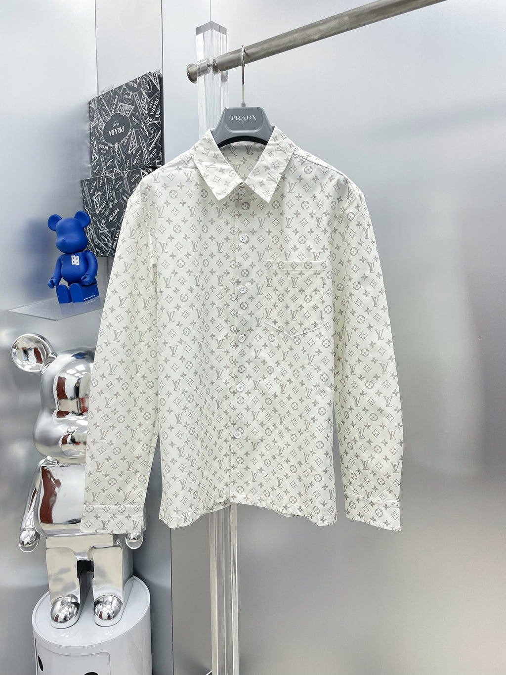 Louis Vuitton 2026 SS LV Monogram All-Over Print Long-Sleeve Shirt — White