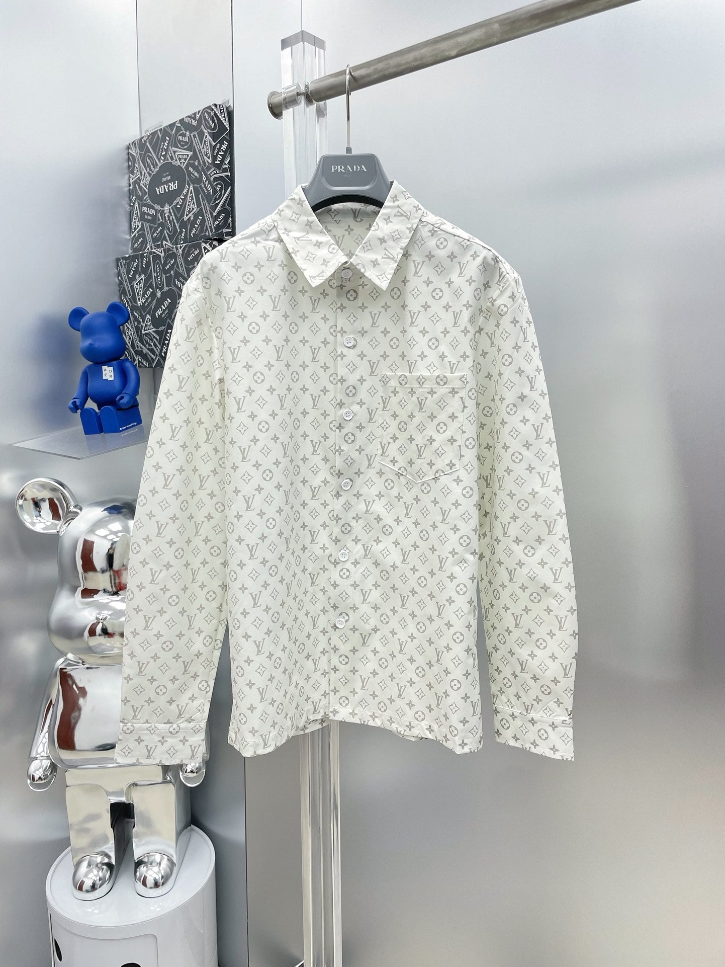 Louis Vuitton 2026 SS LV Monogram All-Over Print Long-Sleeve Shirt — White
