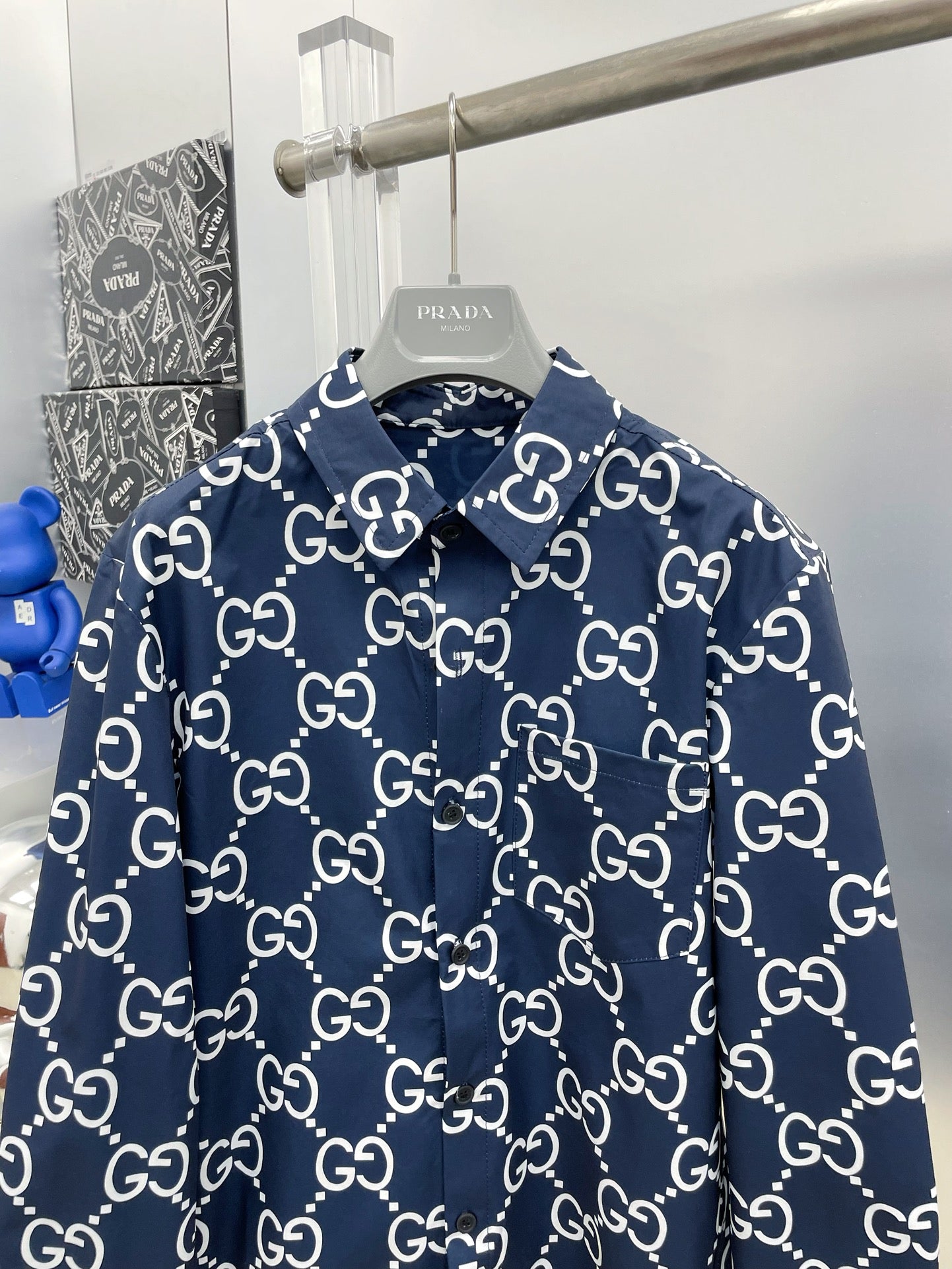 Gucci 2026 SS GG Monogram All-Over Print Long-Sleeve Shirt — Navy