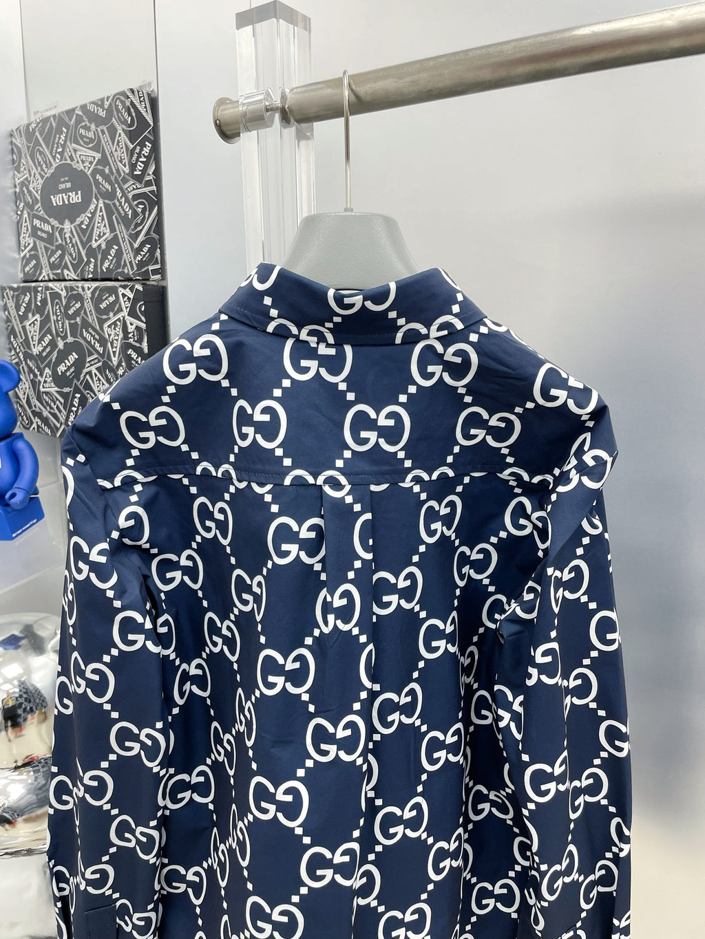 Gucci 2026 SS GG Monogram All-Over Print Long-Sleeve Shirt — Navy