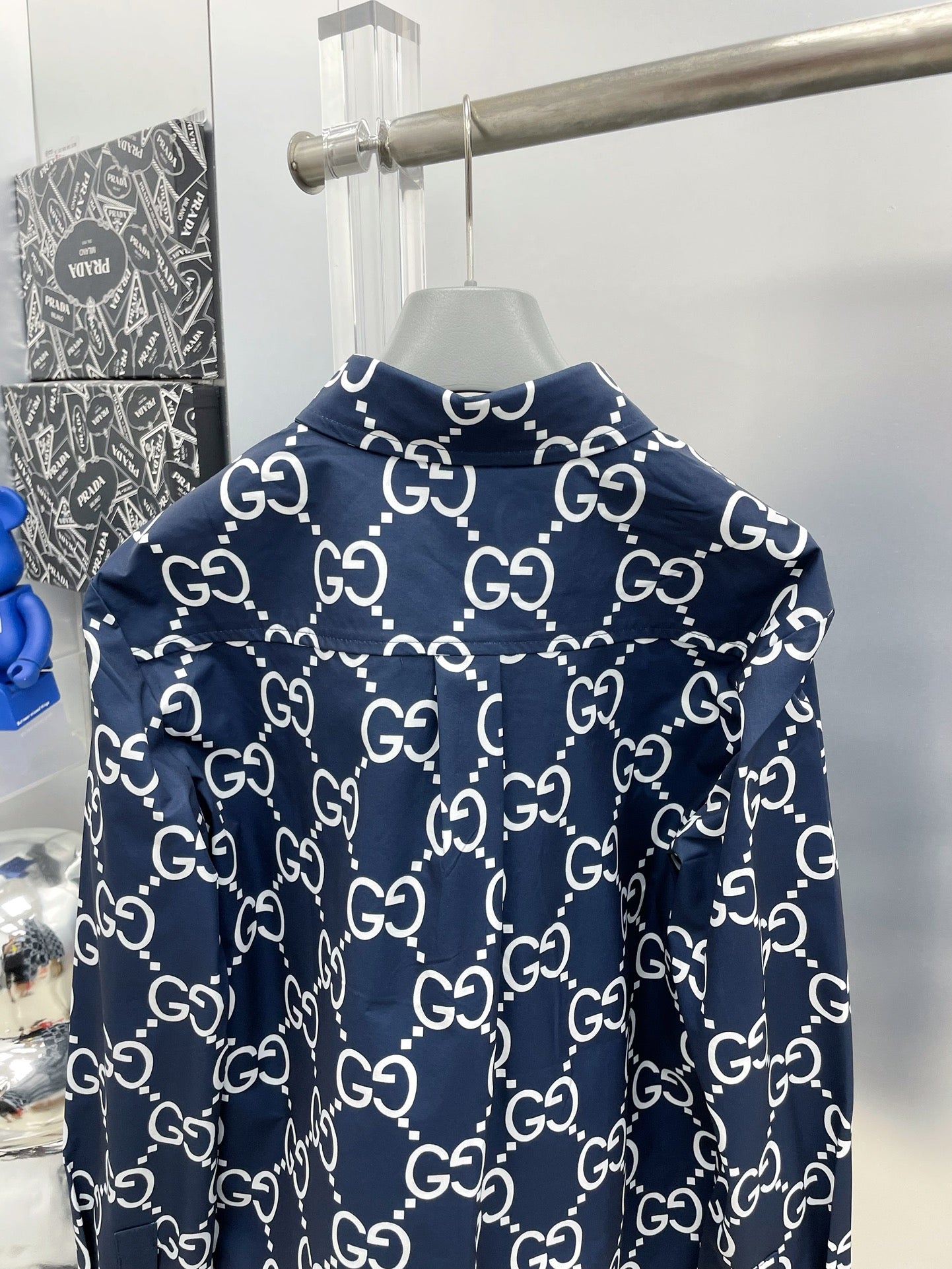 Gucci 2026 SS GG Monogram All-Over Print Long-Sleeve Shirt — Navy