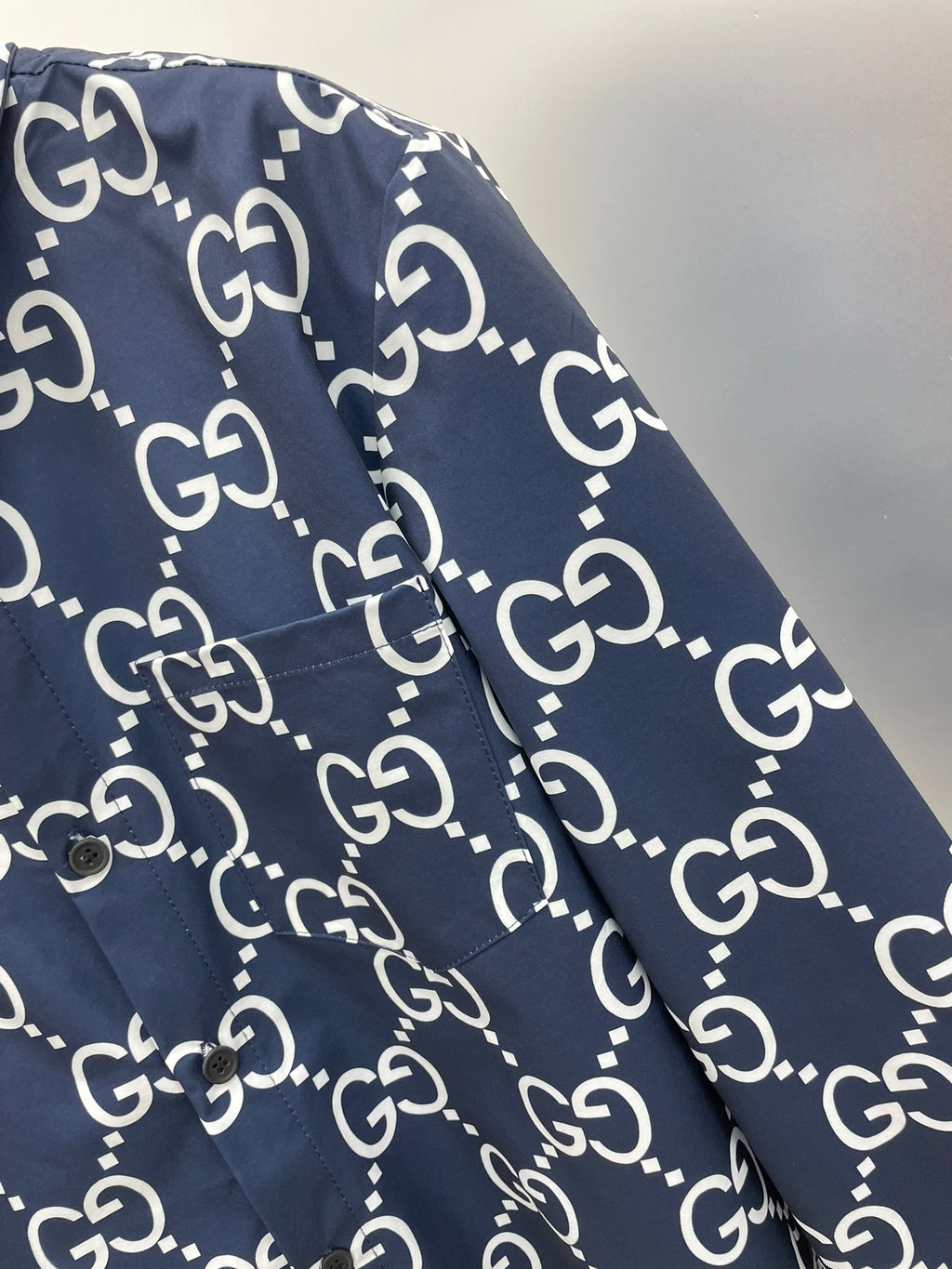 Gucci 2026 SS GG Monogram All-Over Print Long-Sleeve Shirt — Navy