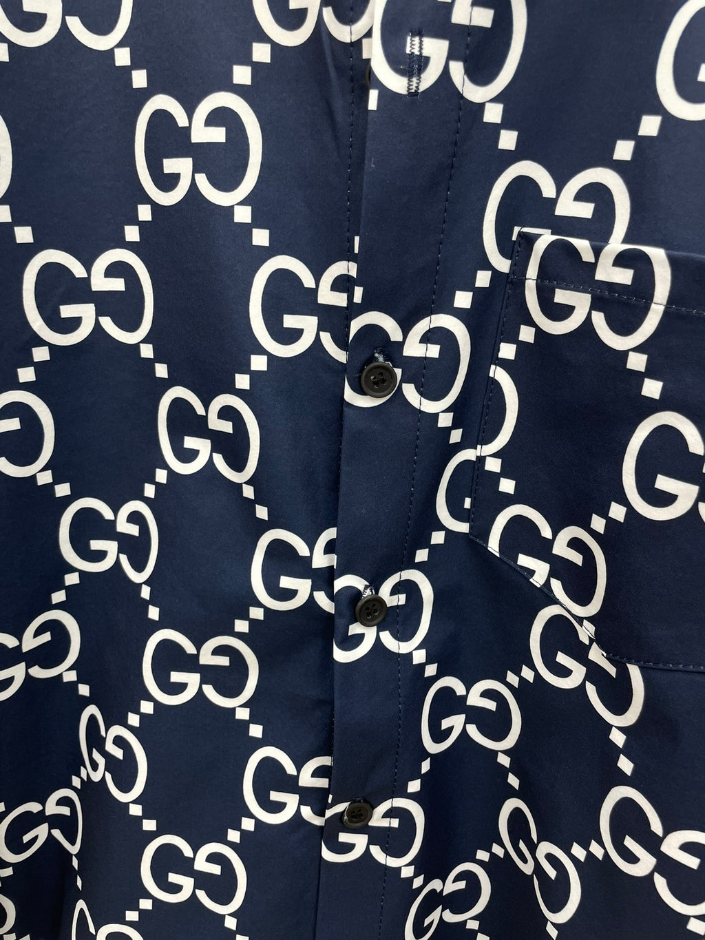 Gucci 2026 SS GG Monogram All-Over Print Long-Sleeve Shirt — Navy