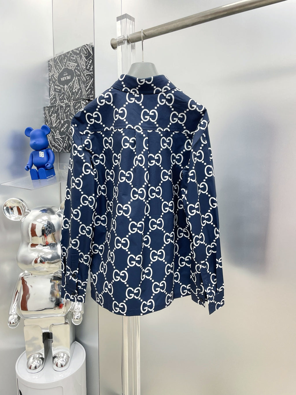 Gucci 2026 SS GG Monogram All-Over Print Long-Sleeve Shirt — Navy