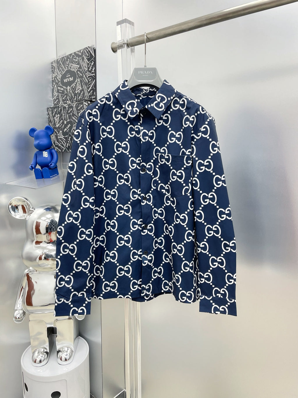 Gucci 2026 SS GG Monogram All-Over Print Long-Sleeve Shirt — Navy
