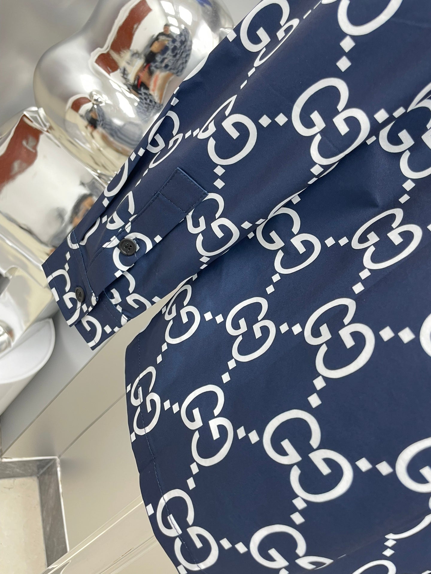 Gucci 2026 SS GG Monogram All-Over Print Long-Sleeve Shirt — Navy