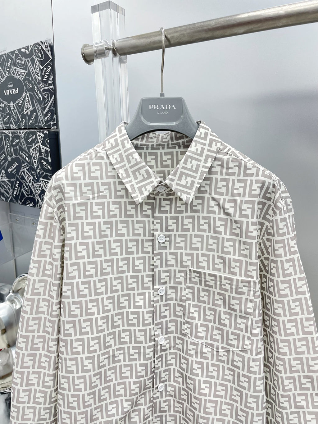 Fendi 2026 SS FF Monogram All-Over Print Long-Sleeve Shirt — Beige