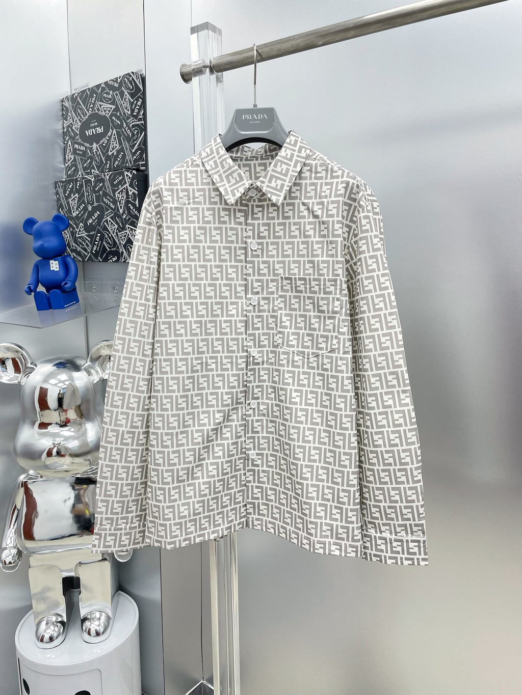 Fendi 2026 SS FF Monogram All-Over Print Long-Sleeve Shirt — Beige