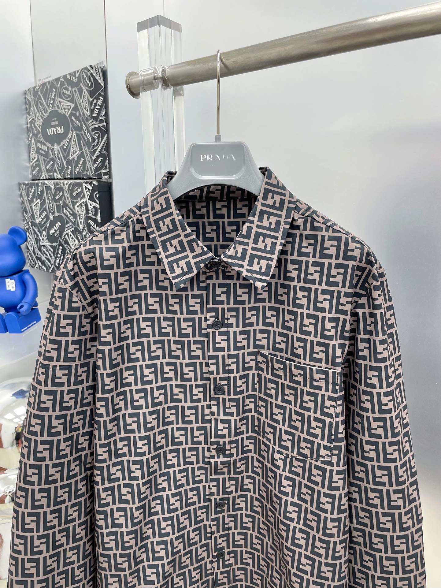 Fendi 2026 SS FF Monogram All-Over Print Long-Sleeve Shirt — Grey