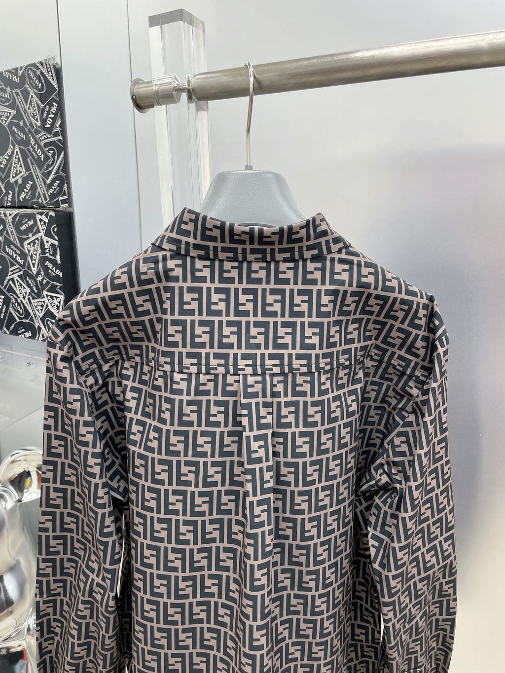 Fendi 2026 SS FF Monogram All-Over Print Long-Sleeve Shirt — Grey
