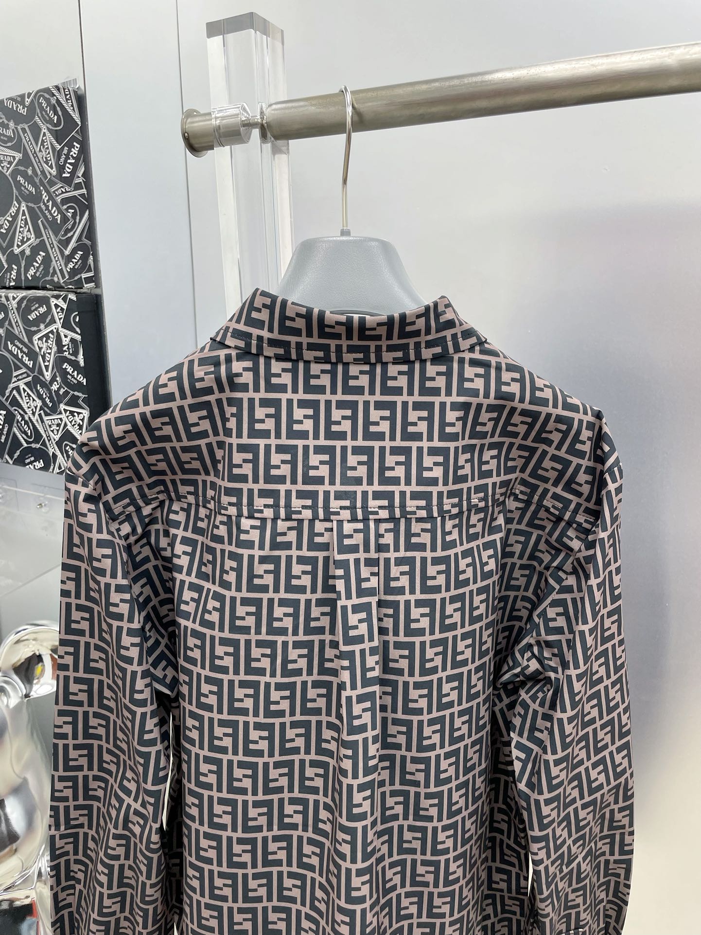 Fendi 2026 SS FF Monogram All-Over Print Long-Sleeve Shirt — Grey