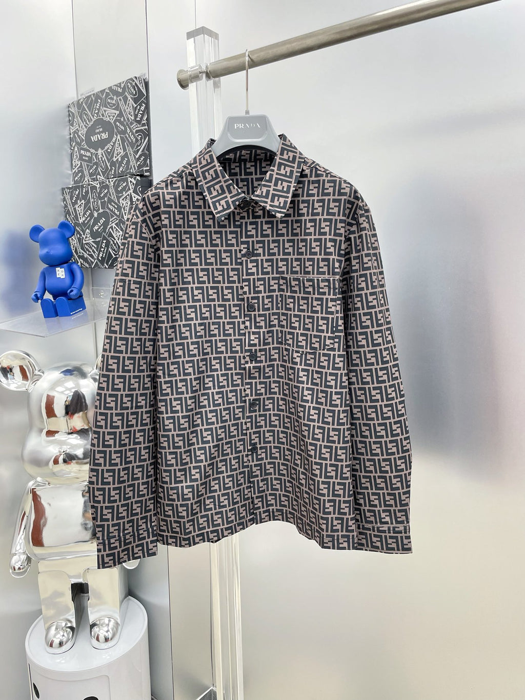 Fendi 2026 SS FF Monogram All-Over Print Long-Sleeve Shirt — Grey