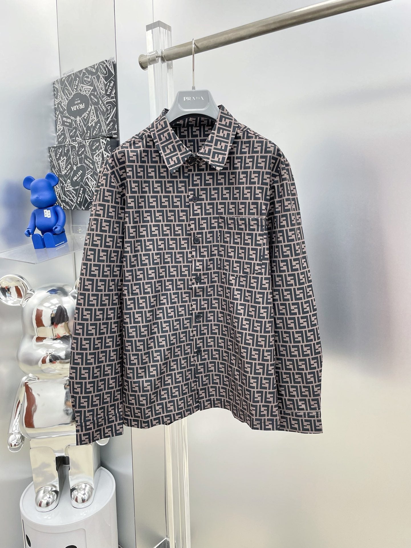 Fendi 2026 SS FF Monogram All-Over Print Long-Sleeve Shirt — Grey