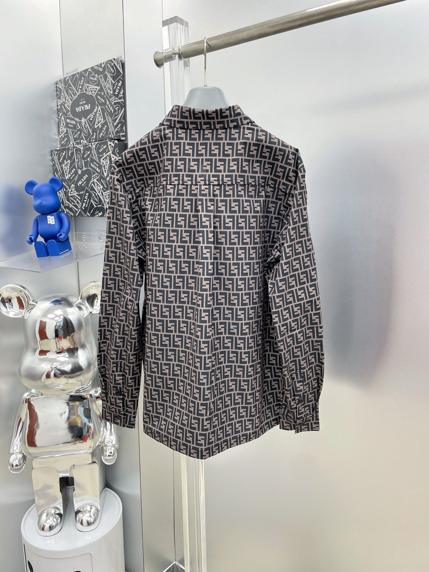 Fendi 2026 SS FF Monogram All-Over Print Long-Sleeve Shirt — Grey