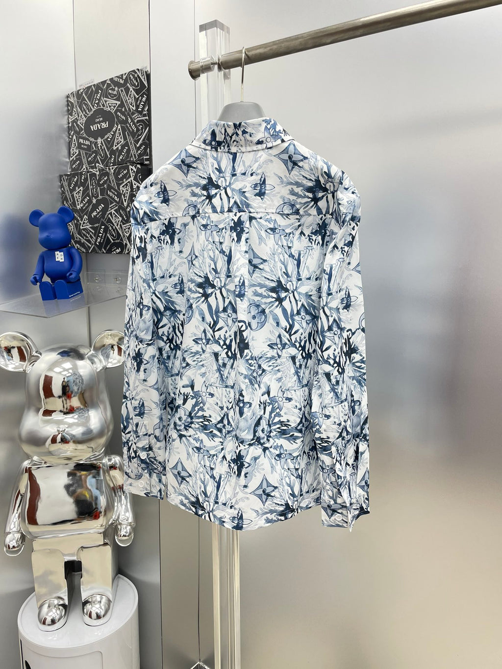 Louis Vuitton 2026 SS LV Monogram Floral Watercolour All-Over Print Long-Sleeve Shirt — White/Blue