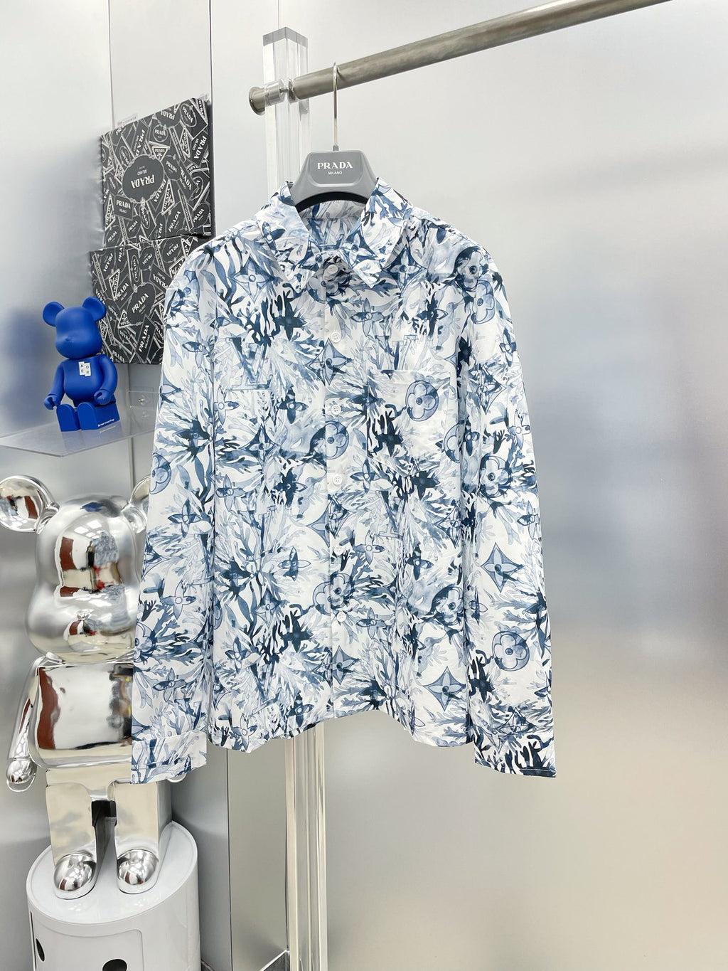 Louis Vuitton 2026 SS LV Monogram Floral Watercolour All-Over Print Long-Sleeve Shirt — White/Blue