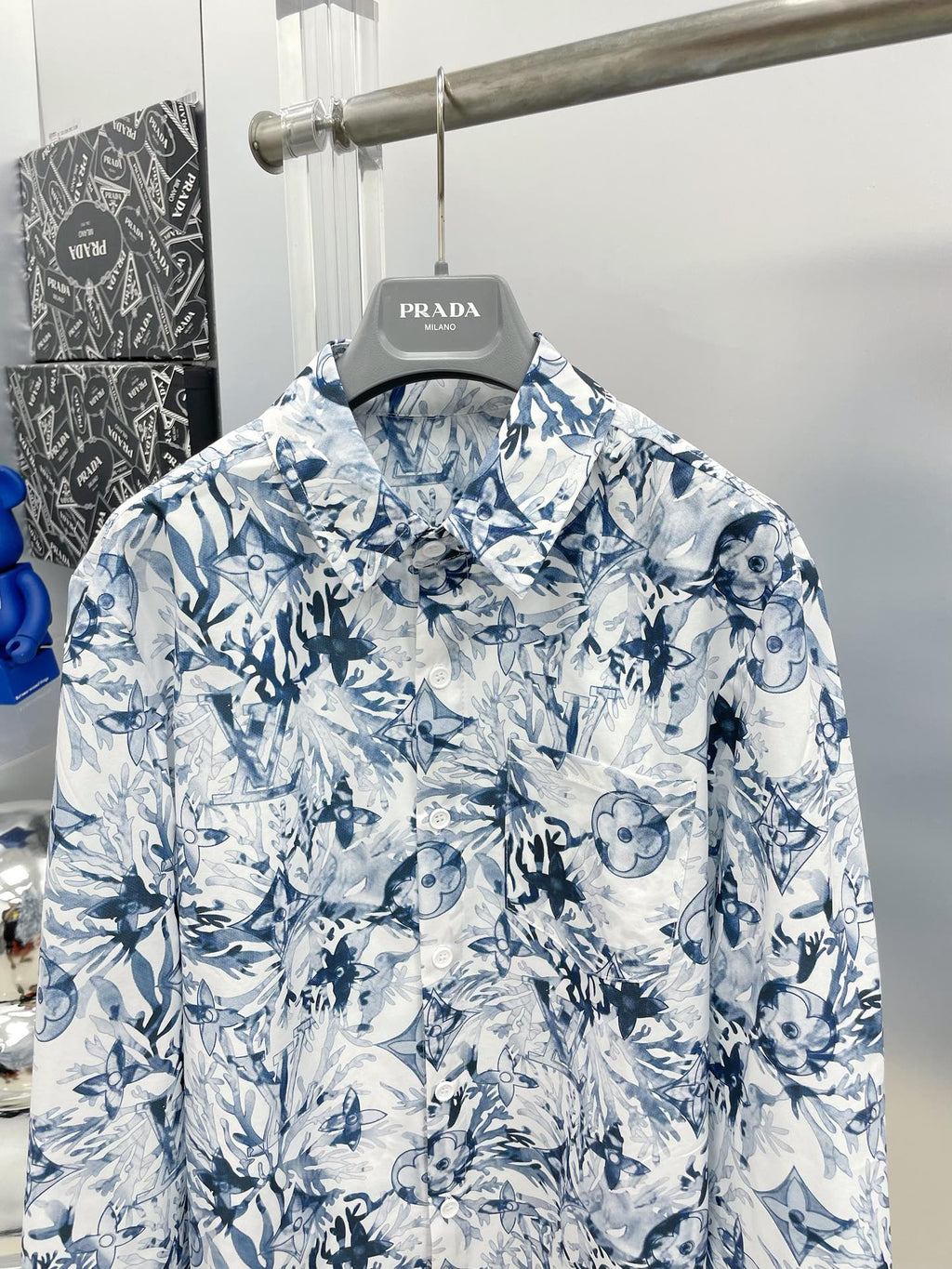 Louis Vuitton 2026 SS LV Monogram Floral Watercolour All-Over Print Long-Sleeve Shirt — White/Blue