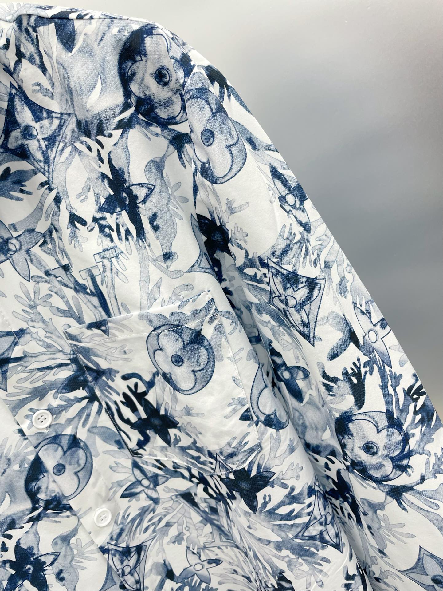 Louis Vuitton 2026 SS LV Monogram Floral Watercolour All-Over Print Long-Sleeve Shirt — White/Blue