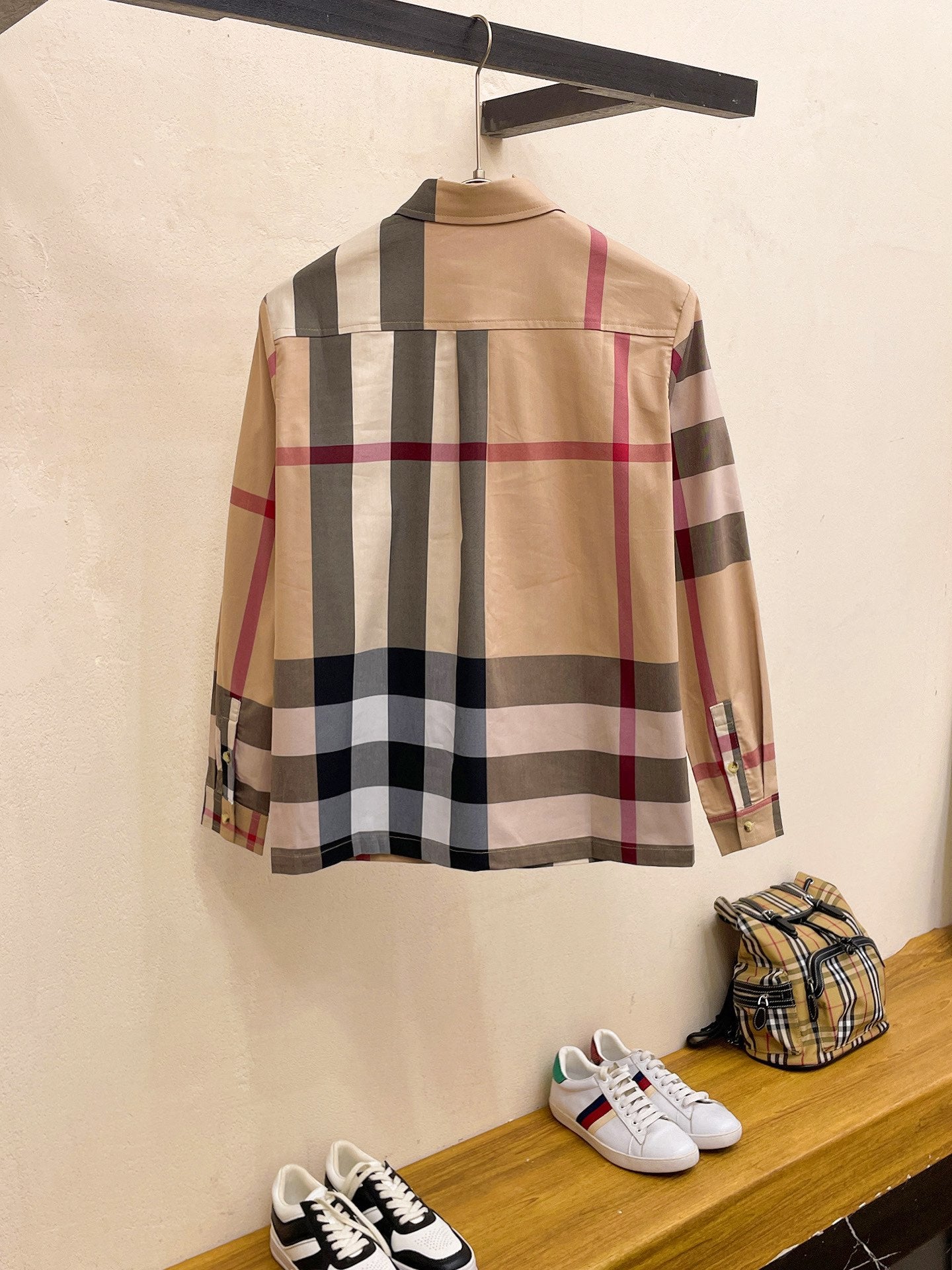 Burberry 2026 SS Exploded Vintage Check Long-Sleeve Shirt — Archive Beige/Red