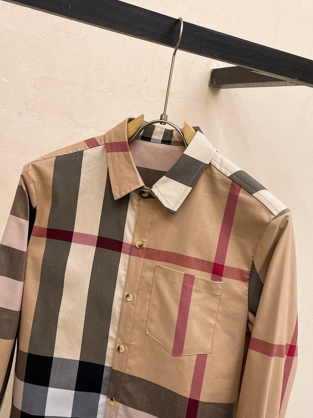 Burberry 2026 SS Exploded Vintage Check Long-Sleeve Shirt — Archive Beige/Red