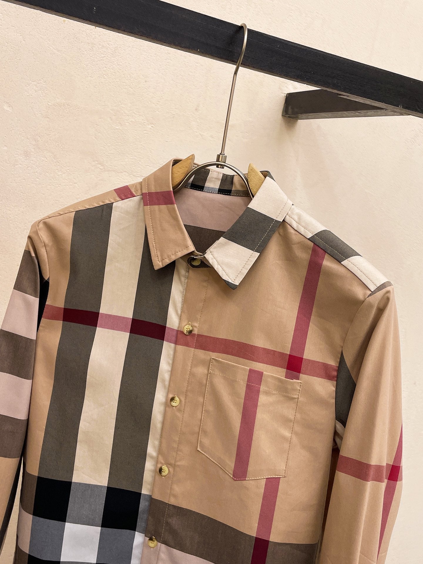 Burberry 2026 SS Exploded Vintage Check Long-Sleeve Shirt — Archive Beige/Red