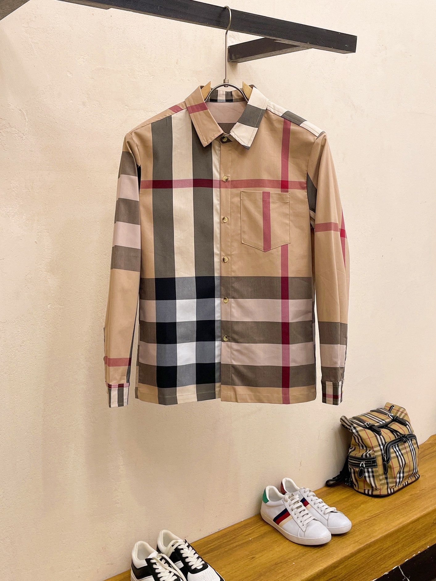 Burberry 2026 SS Exploded Vintage Check Long-Sleeve Shirt — Archive Beige/Red